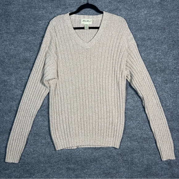 Eddie Bauer Men’s Tall Large Knit V Neck Vintage Sweater Heathered Tan Grandpa - Picture 10 of 10